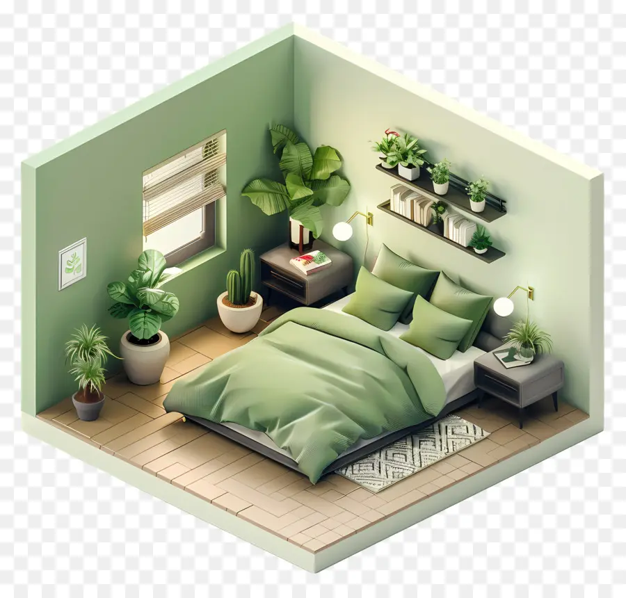 camera da letto camera da letto piante di moquette verdi grandi finestra - Camera da letto a tema verde con ripiani delle piante, illuminazione fioca