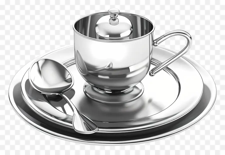 set di cena in metallo teiera argento cucchiaio argento piattino bianco teiera - Tecocera d'argento, cucchiaio su piattino, sfondo nero