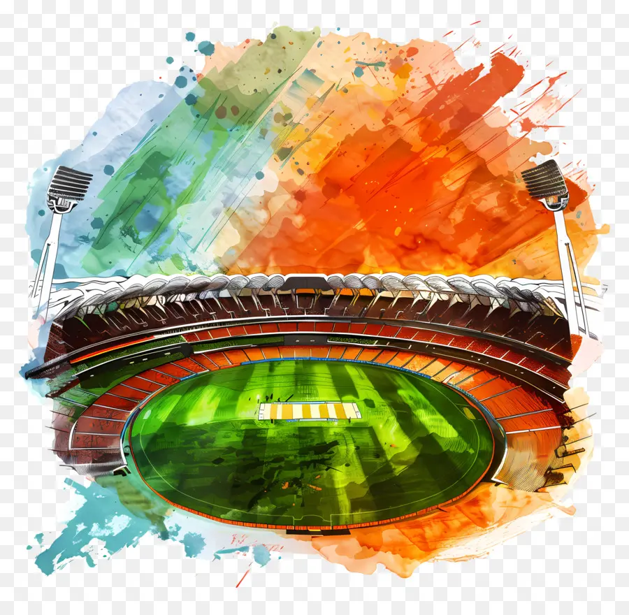 Narendra Modi Stadium Cricket Indian Stadium Aquarellmalerei - Buntes Aquarellmalerei des indischen Cricket -Stadions
