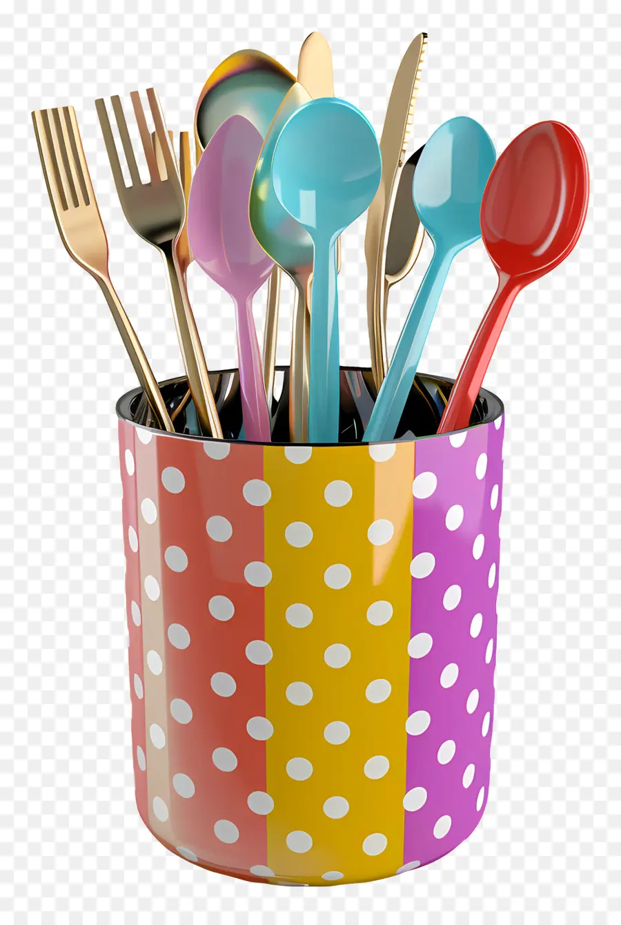 cutlery holder silver stainless steel cups golden spoon handles polka dot pattern colorful cutlery set