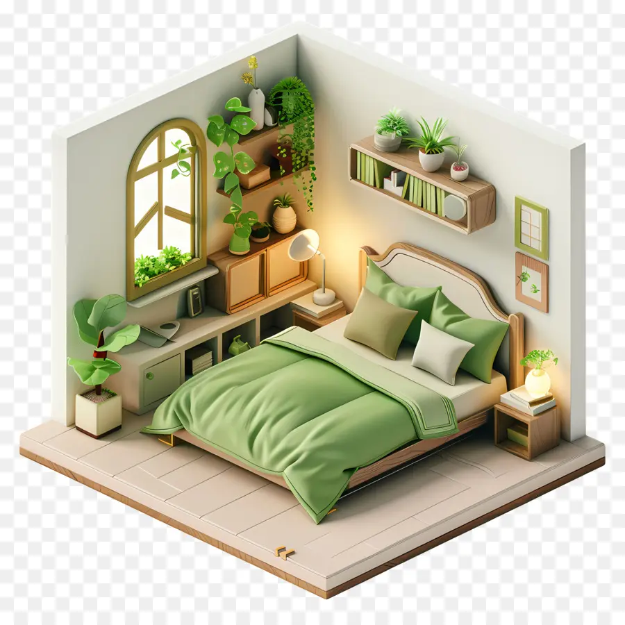 Schlafzimmer Schlafzimmer Dekor Grüne Teppich Innenpflanzen minimalistisches Design - Minimalistisches Schlafzimmer mit Pflanzen, klein und gemütlich