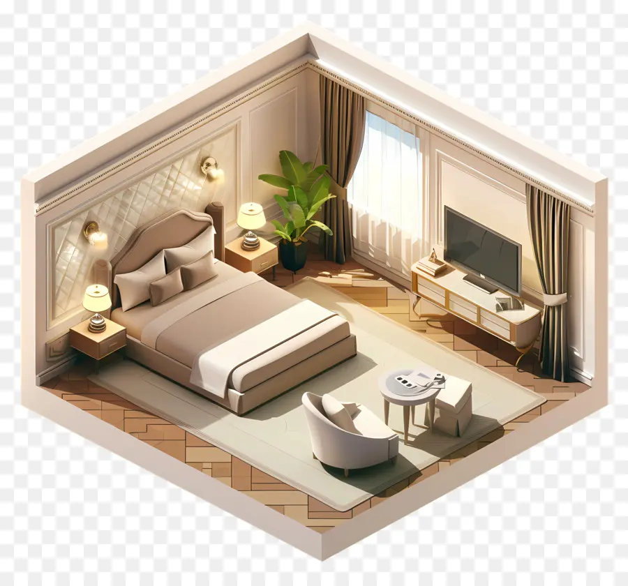 Hotelzimmer Schlafzimmer Möbel Innenarchitektur Bett - Einfaches Schlafzimmer mit Bett, Schreibtisch und Stuhl