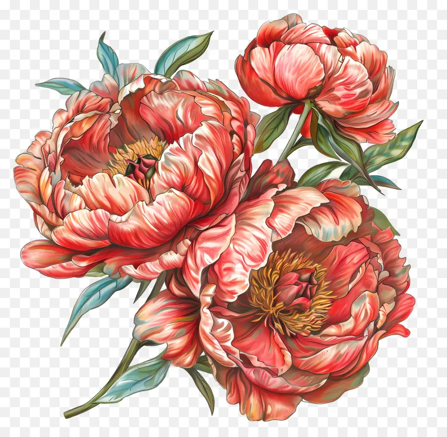 peonie fiori peonie fiori dipinti rosa - Pittura realistica di tre peonie rosa