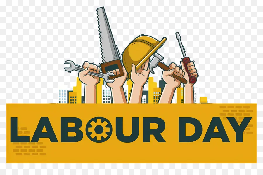 glückliche Tag der Arbeit - Arbeiter mit Tools und Zeichen für den Arbeitstag