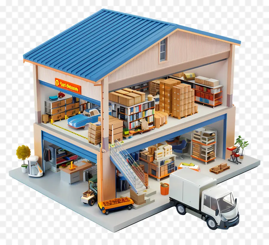magazzino stoccaggio magazzino scaffali industriali container organizzazione magazzino - Magazzino ben fornito con un camion bianco