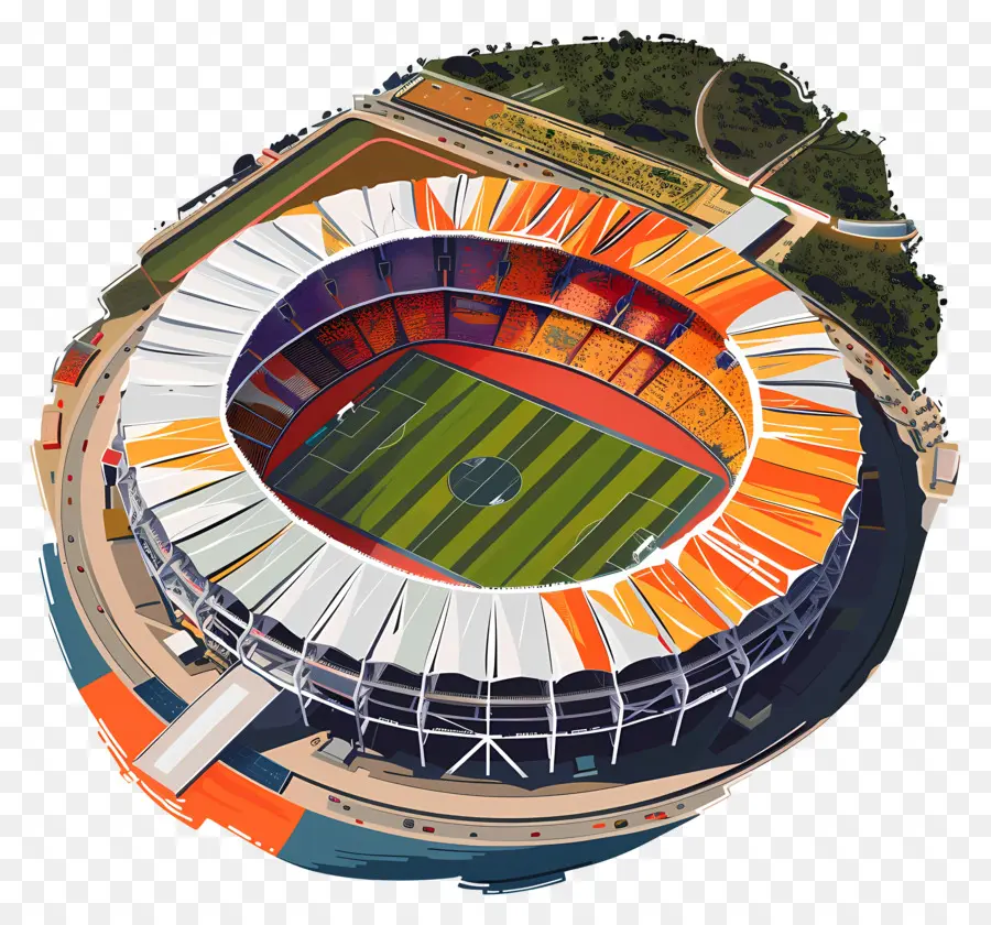 Narendra Modi Stadium Futuristisches Stadium Orange und Grünes Farbschema Multi-Level-Sitzplatz Open Sky Design - Futuristisches orange und grünes Stadion, umgeben von Bäumen