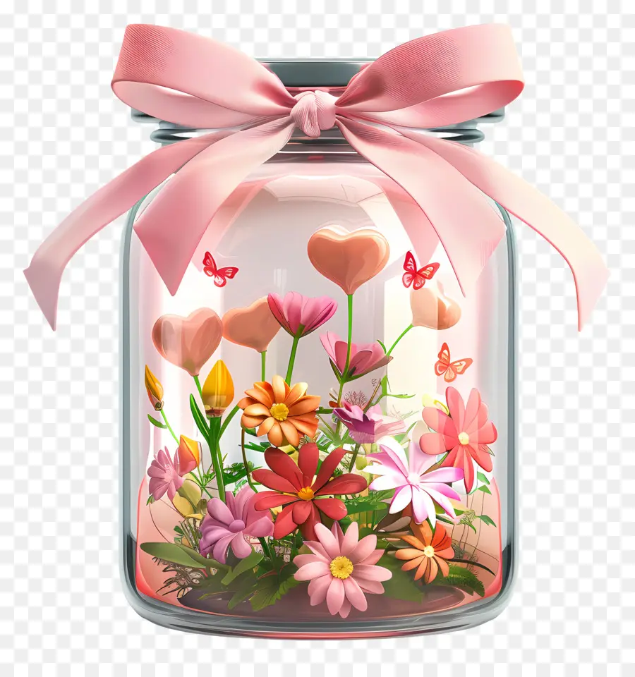 Gesteck - Glas mit rosa/roten Blumen, Herzdeckel, Bandbogen