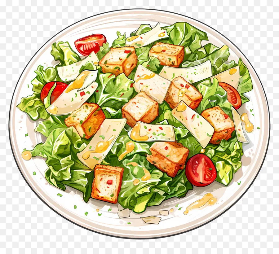 Salat - Salat auf grünem Teller mit Croutons