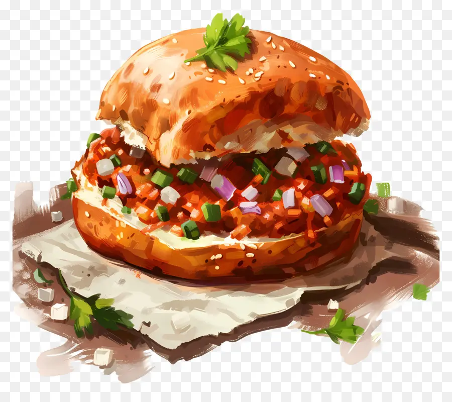 PAV Bhaji - Realistischer Hamburger mit farbenfrohen Belägen auf Brötchen