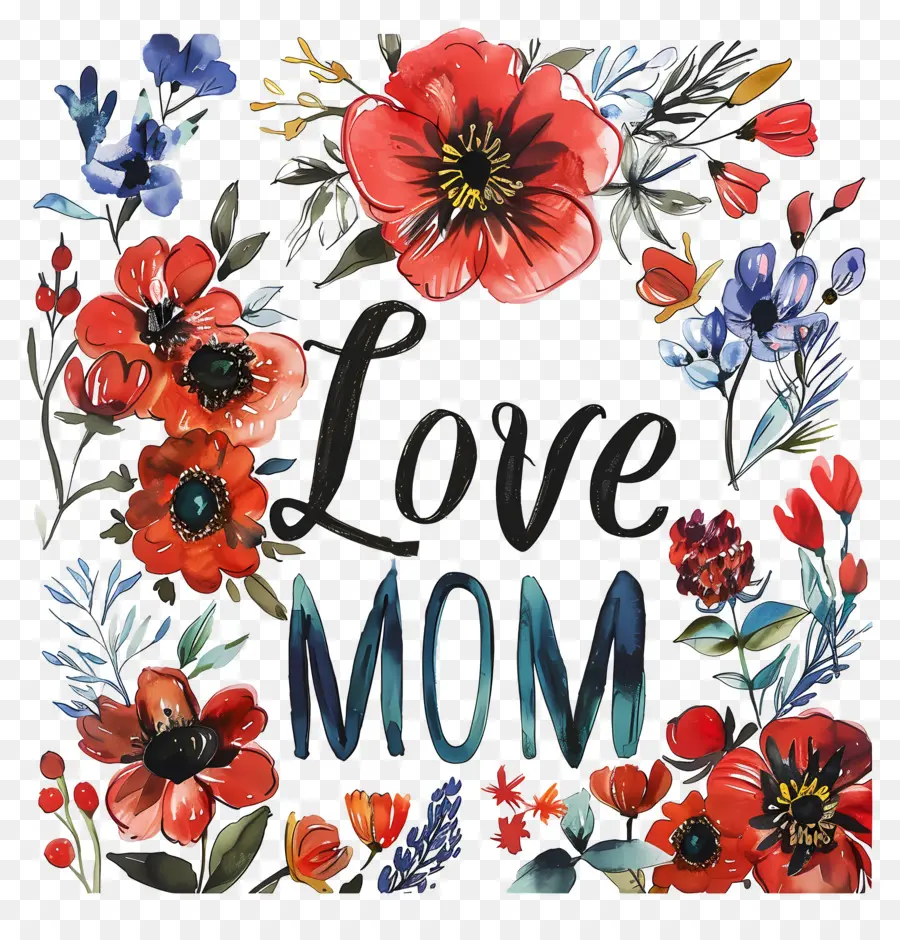AMORE MOM Fiori rossi in bianco e nero Fiori blu - Disposizione di fiori circolare con amore Mom Messaggio