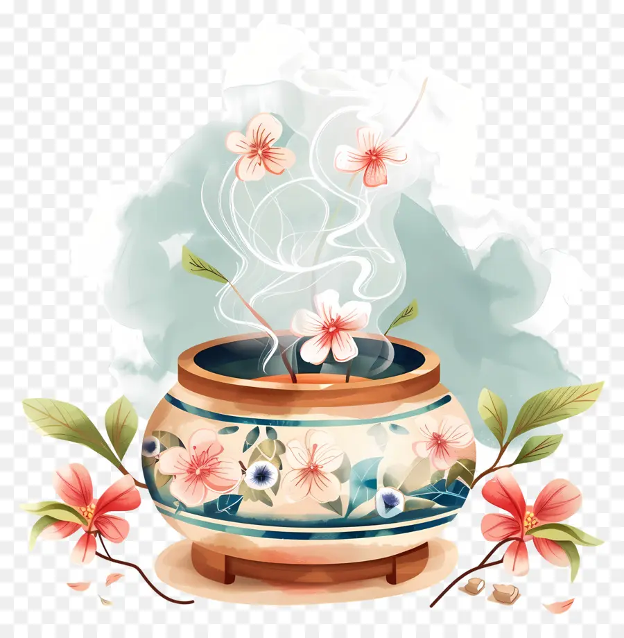 Vaso di illustrazione ad acquerello aroma Burner con fiori galleggianti fiori serenità - Vaso ad acquerello brillante con fiori rosa