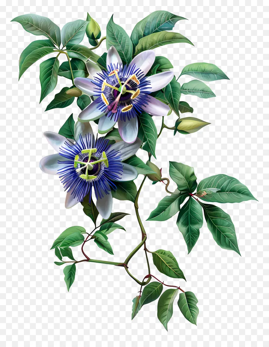 passione fiore vite blu passione stami rosa foglie foglie verdi piene - Due fiori di passione blu con stami rosa