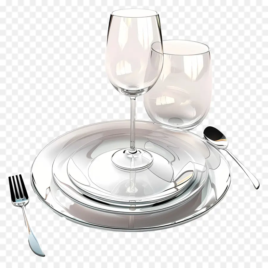 Set da pranzo in vetro Impostazione da tavolo piatti di vino bicchieri - Elegante impostazione della tabella su sfondo nero