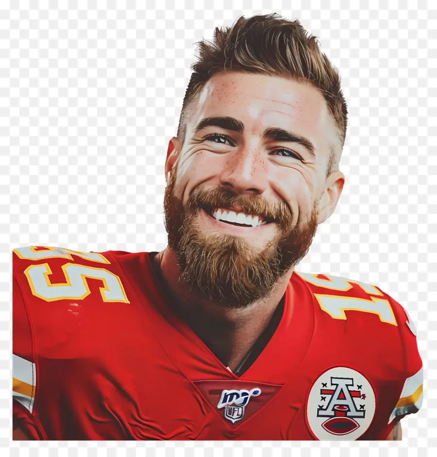 Travis Kelce Kansas City Chiefs NFL Football Trikot - Lächelnder Mann in Chiefs Trikot mit Bart