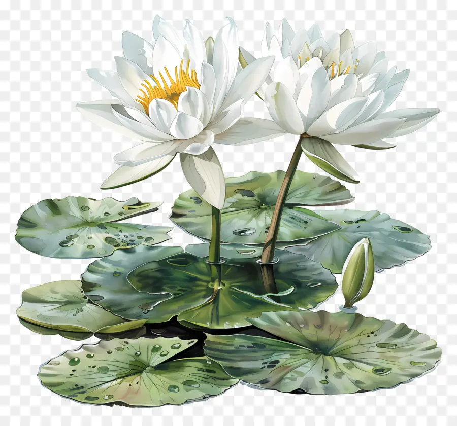 Weißwasserlilien Lotus Blumen Teich Lilienpolster Wassertropfen - Realistisches Gemälde von weißen Lotusblumen