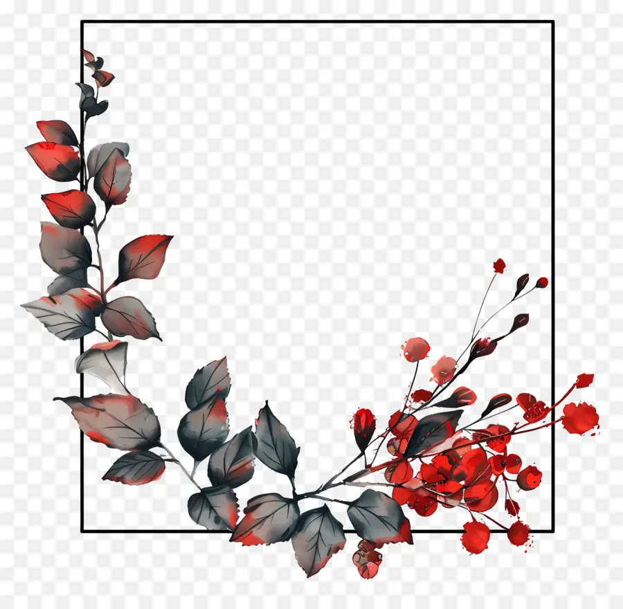 ramo a foglia di frutta di frutta rossa in cornice - Bacche rosse su ramo frondoso sullo sfondo scuro