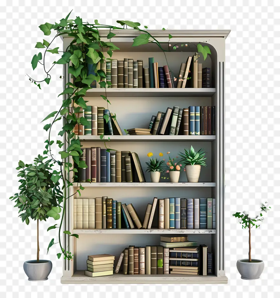 Bücherregal Bücherregal Bücher Weißholzpflanze - Bücherregal mit Büchern und Pflanzen, weißen Holzregalen