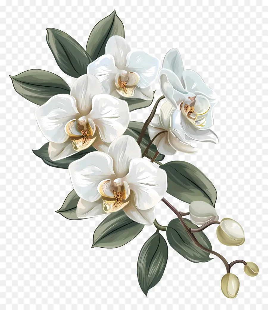 Weiße Orchideen weiße Orchideenblüten Blütenblätter grüne Blätter - Weiße Orchideenblume mit grünen Blättern, realistische Darstellung