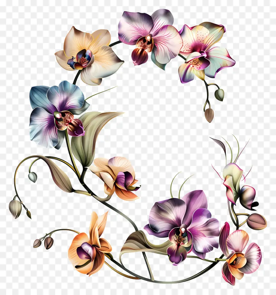 Orchideen exotische Blüten Bouquet rosa und lila Blütenblätter grüne Blätter - Exotischer bunter Blumenstrauß auf Schwarz
