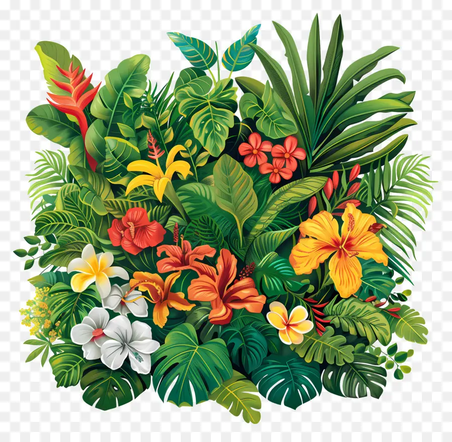Forest pluviale tropicale Fiori tropicali bouquet colori vibranti pianta a foglia verde - Bouquet tropicale colorato con aspetto realistico