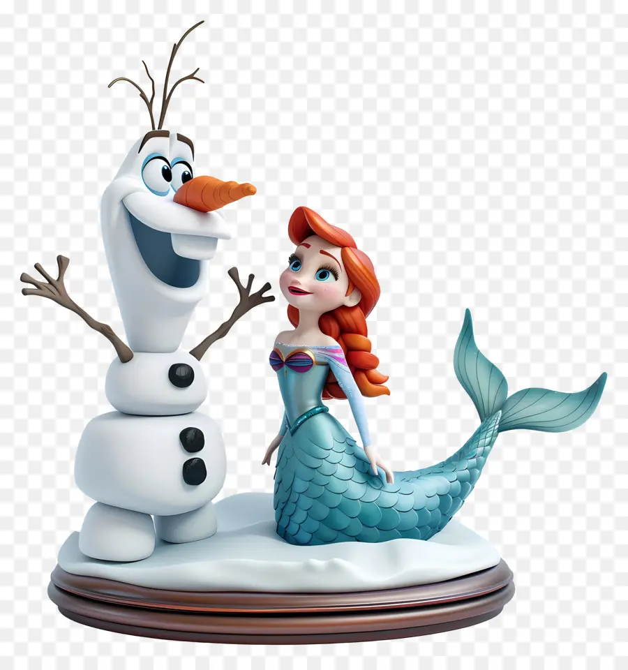 Frozen OLAF - Meerjungfrau und Schneemann -Porzellanfiguren auf schwarzem Hintergrund
