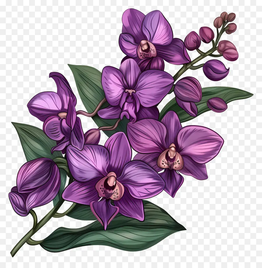 la disposizione dei fiori - Orchidee viola con foglie verdi su sfondo nero