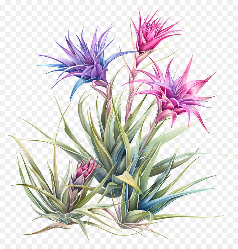 pianta d'aria tillandsia piante d'aria piante da fiore pianta di aria rosa pianta di aria viola - Tre vibranti piante d'aria su sfondo nero