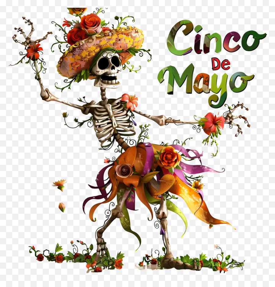 Cinco de Mayo Mexican Skeleton Bộ trang phục truyền thống Hoa khiêu vũ - Bộ xương trong trang phục Mexico nhảy với hoa