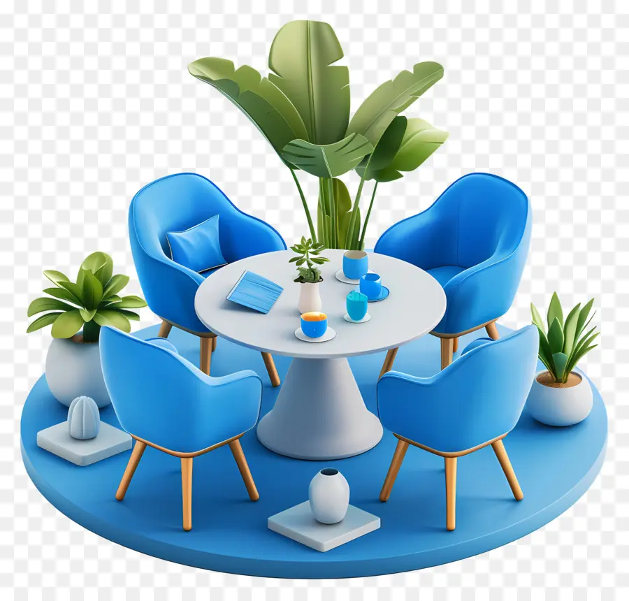 Gesteck - Tisch mit Stühlen, Pflanzen, Blumen, Tasse, friedlich