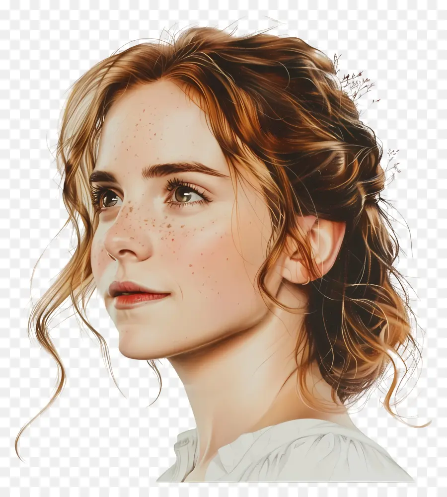 Emma Watson Frau lockiges Haar rotes Haar Sommersprossen - Frau mit lockigem rotem Haar, Sommersprossen, weißes Kleid