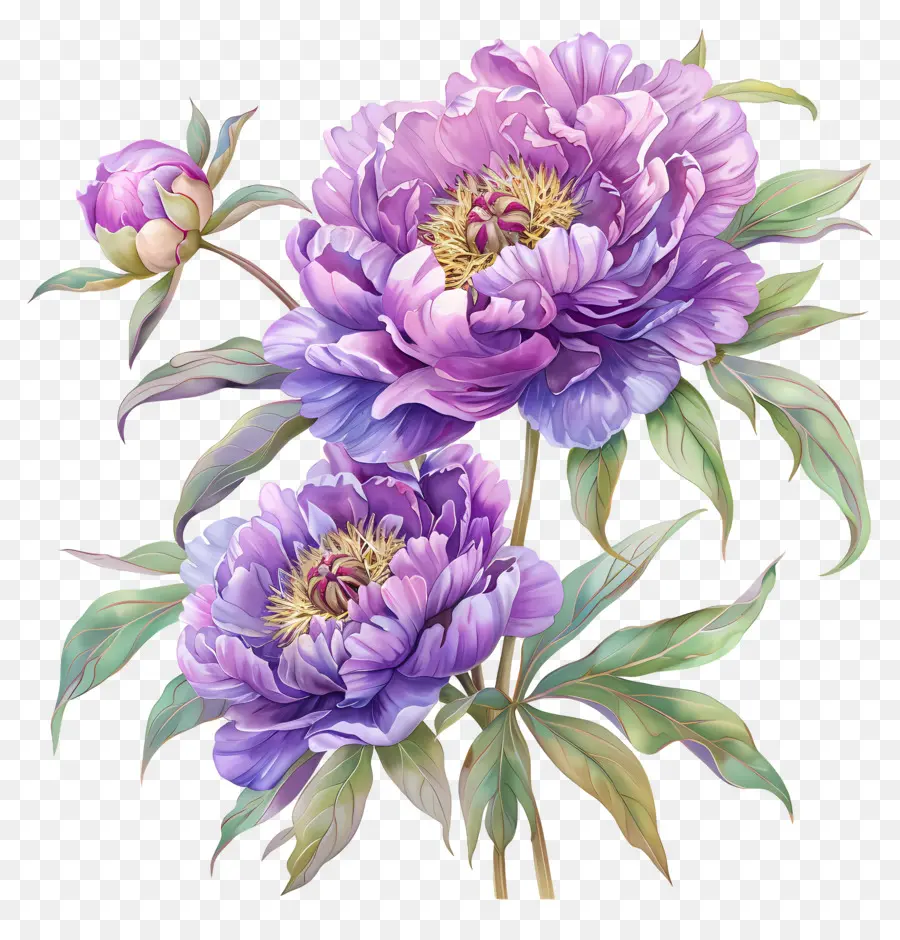hoa sơn - Hoa mẫu đơn màu tím vẽ tay thực tế trên nền đen