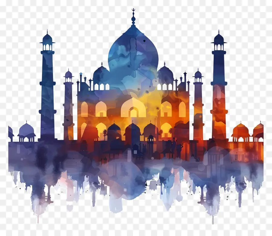 Taj Mahal - Moschea colorata di acquerello con intricato design islamico