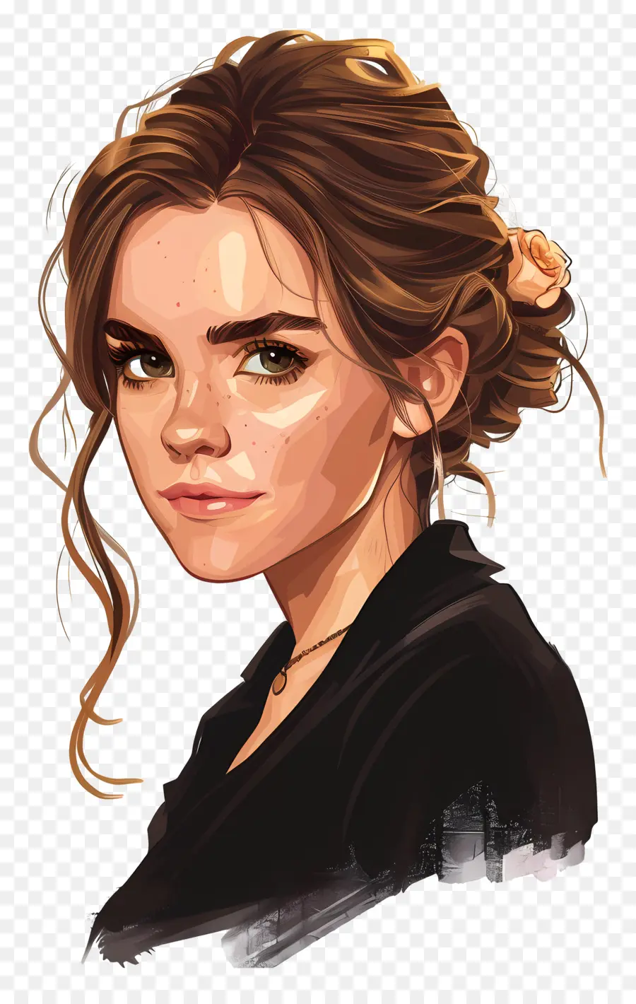 Emma Watson Digital Art Woman Capelli marroni Maglie nera - Dipinto digitale di donna con capelli castani