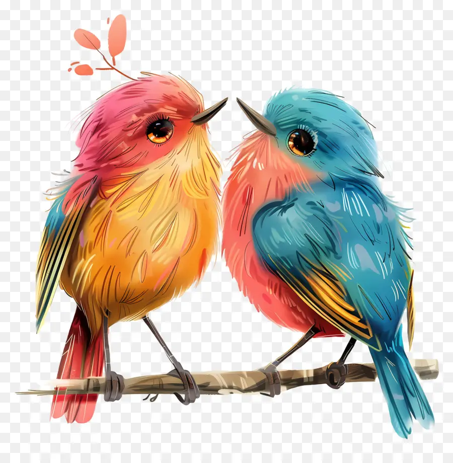 Bird Day Birds ramo piume baci - Uccelli colorati che si baciano sul ramo sotto il sole