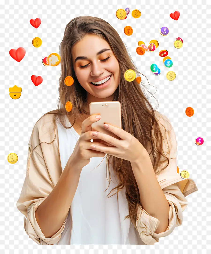 Social Media - Junge Frau mit Emojis auf dem Telefonbildschirm