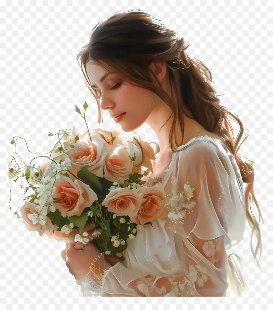donna fiore donna che dipinge abito bianco - Donna in abito bianco con bouquet di rose
