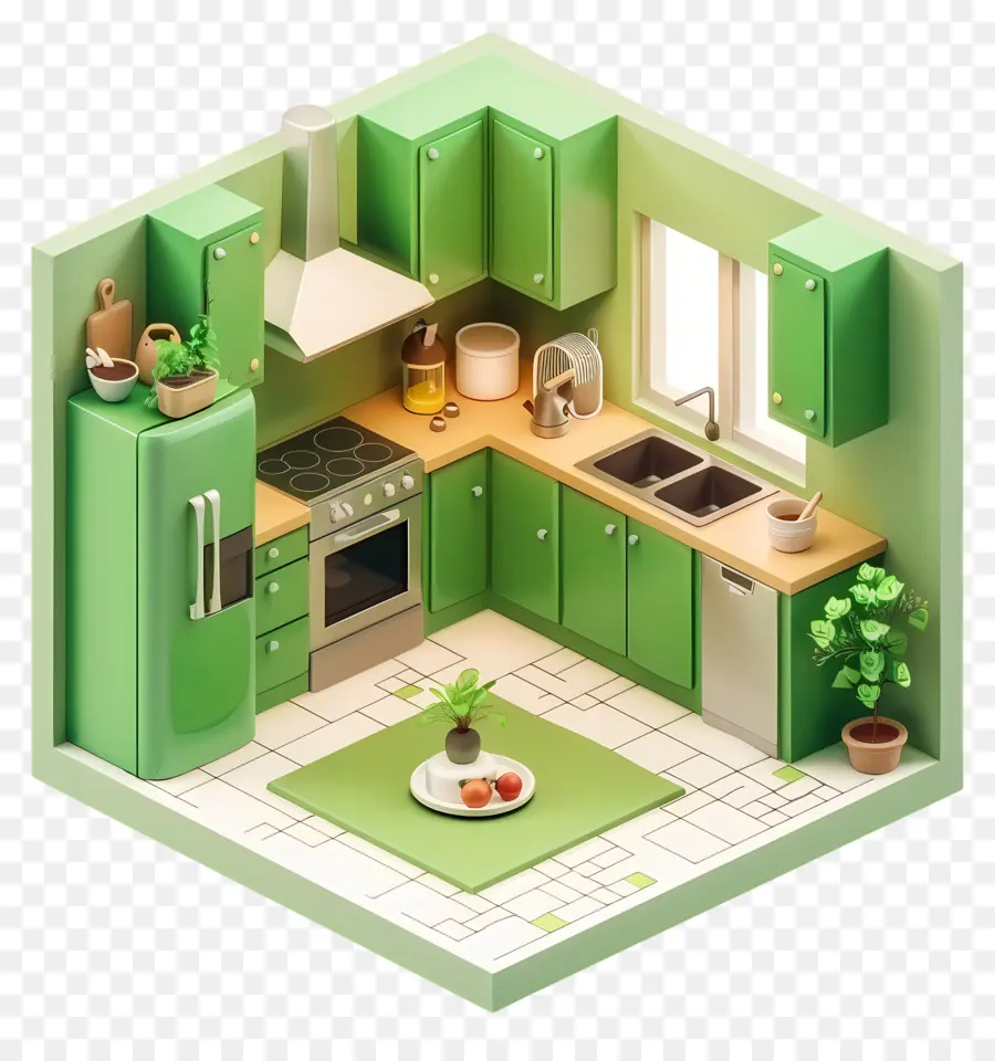 Küchenzimmer kleiner Küchentisch Waschbecken Herd - Moderne Küche mit grünen Wänden und Dekoration