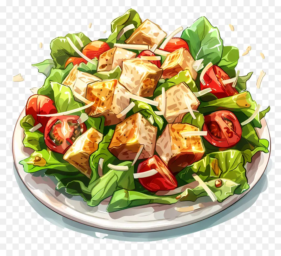 Caesar Salat Chicken Caesar Salat gemischt Greens Salat Kirschtomaten Croutons - Hühnersalat mit gemischten Grüns und Tomaten