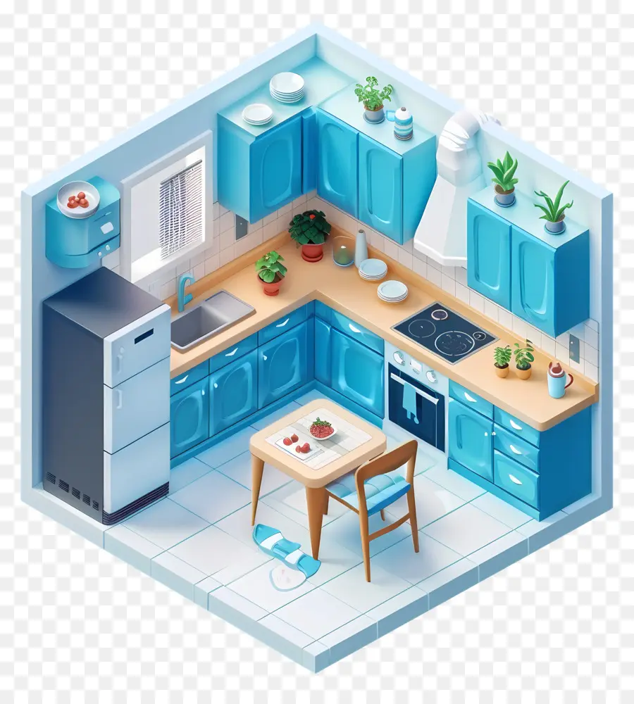 phòng bếp tủ màu xanh mặt bàn màu trắng bình gỗ bình hoa - Nhà bếp hiện đại với tủ màu xanh, sàn gỗ