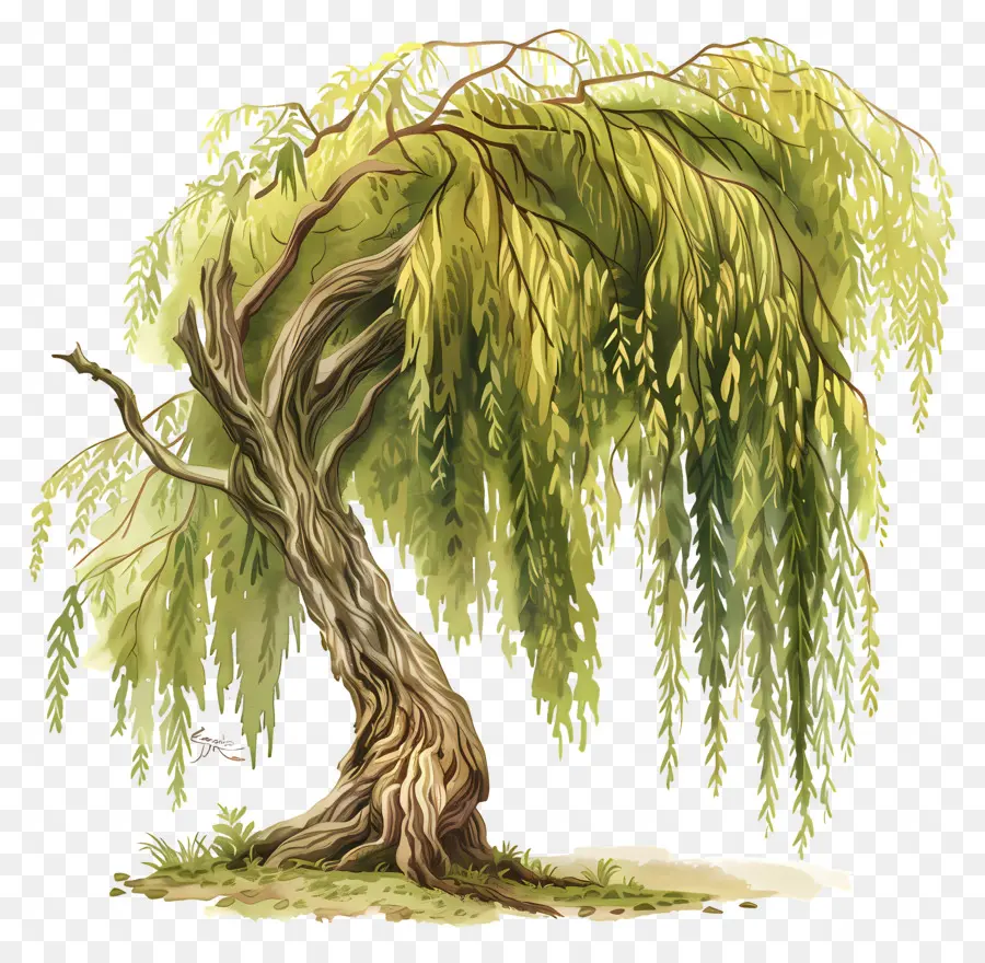 Weidenbaummalerei Natur grüne Blätter anmutige Zweige - Anmutiger Weidenbaum mit lehnenden Zweigen