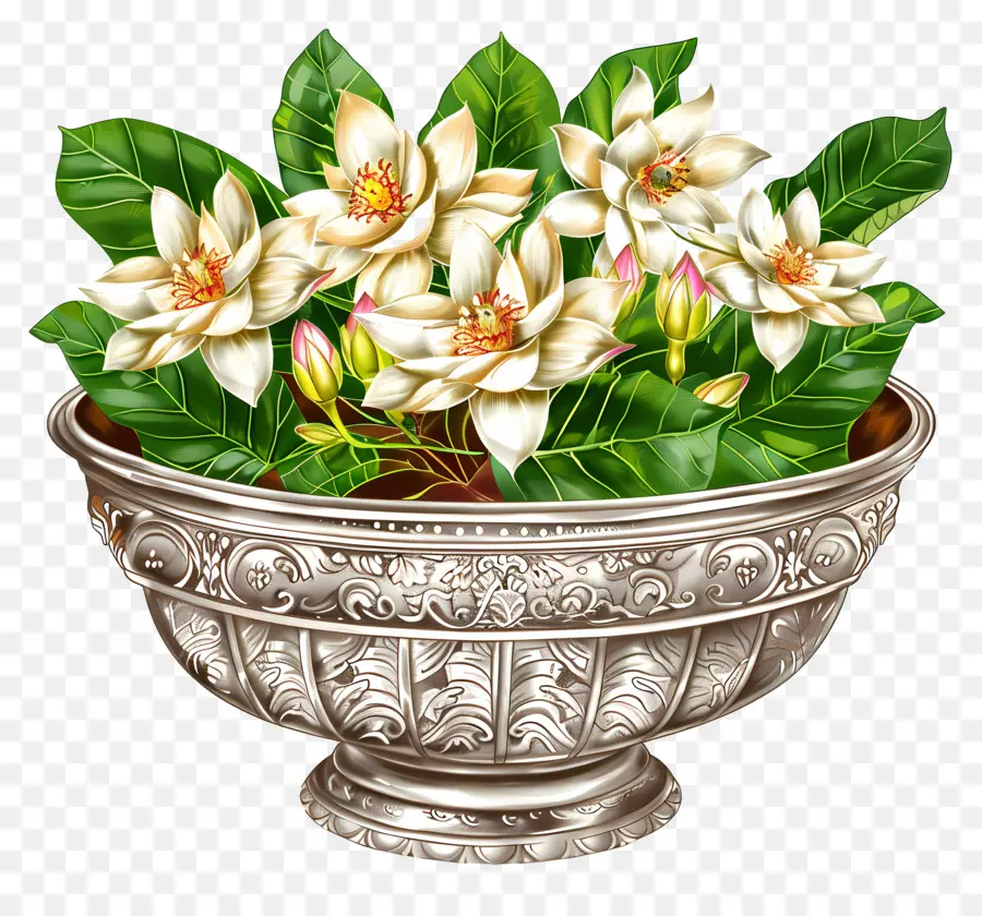 Registrar del coriander White Flowers Vashe Floral Disposition Metallic Vahe - Fiori bianchi in vaso metallico su sfondo nero