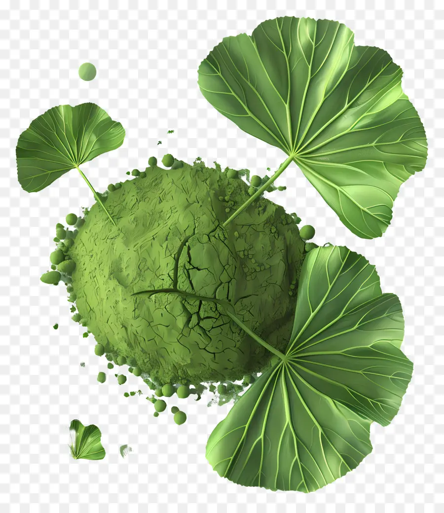 Gotu Kola Powder Green Plant Plot Chất liệu Matcha Thực phẩm bột phụ gia - Đống bột xanh với lá, sử dụng không rõ ràng