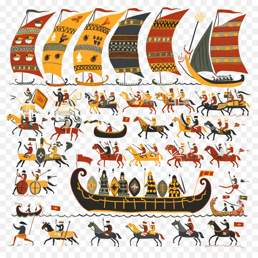 Bayeux Tapisserie Malerei Schiffe Ozeanpferde - Buntes Gemälde von Schiffen und Fahrern auf See