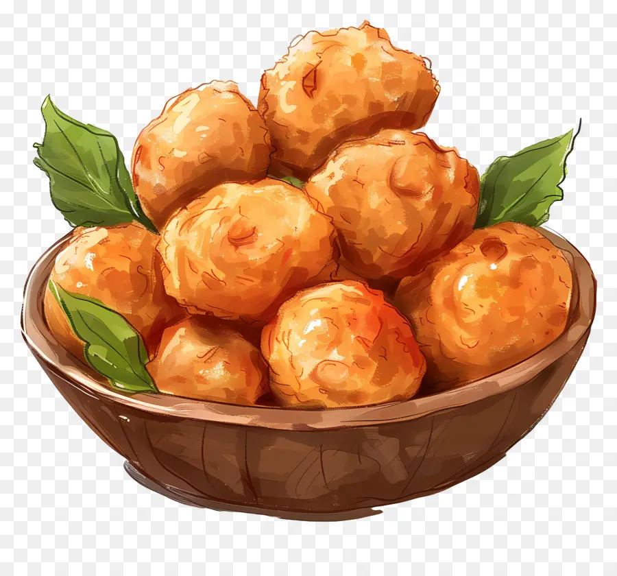 Batata Vada Fried Dumplings Golden Brown Ploc - Bánh bao chiên màu nâu vàng trong bát gỗ