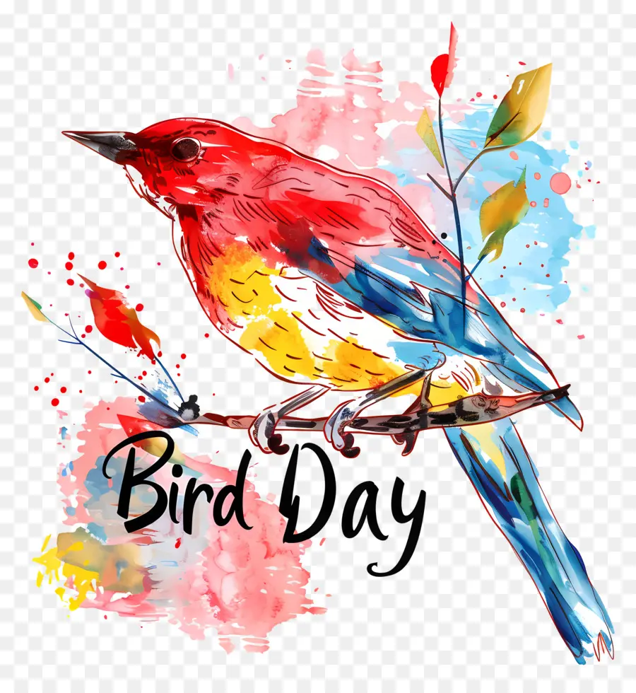 Bird Day Bird Bunt singende Zweig - Buntes Vogel singt auf farbenfrohen Ast