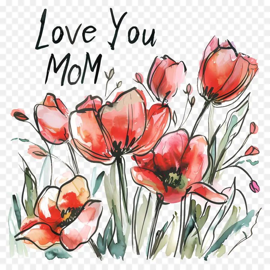 l'amore è la mamma - Pittura ad acquerello di tulipani rosa/rossi con messaggio