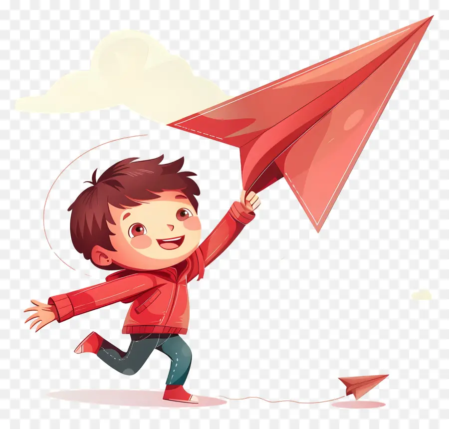 papierflieger - Junge hält rotes Papierflugzeug am Himmel