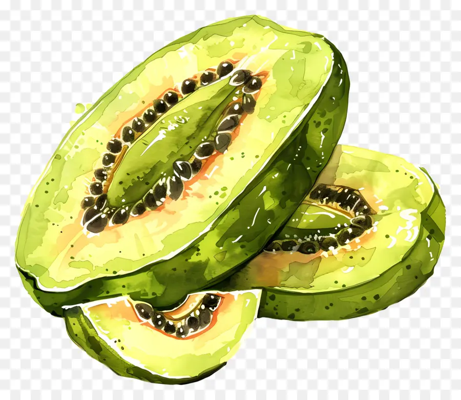 grüner Papaya Kiwi Obst geschnitten Fruchtsamen grün - Gemälde von geschnittenen Kiwi -Früchten, grünes Fleisch