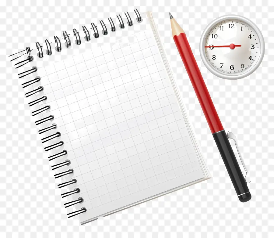 Memo Office Supplies Notebook Bleistiftuhr - Büroeinstellung mit Notebook, Bleistift, Uhr