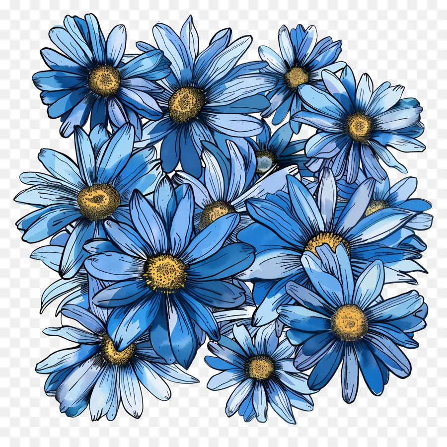 Aquarell Blumen - Blue Daisy Circle Aquarell Gemälde auf schwarzem Hintergrund
